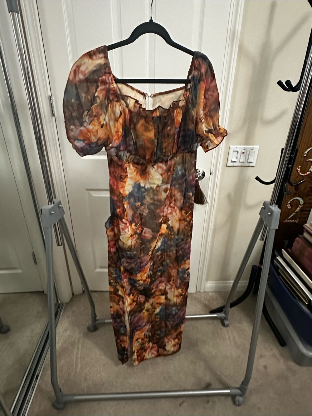 Floral Puff-Sleeve Maxi Dress in Multi-Color